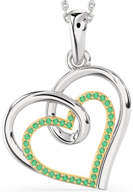 Large Emerald Gold Silver Heart Necklace