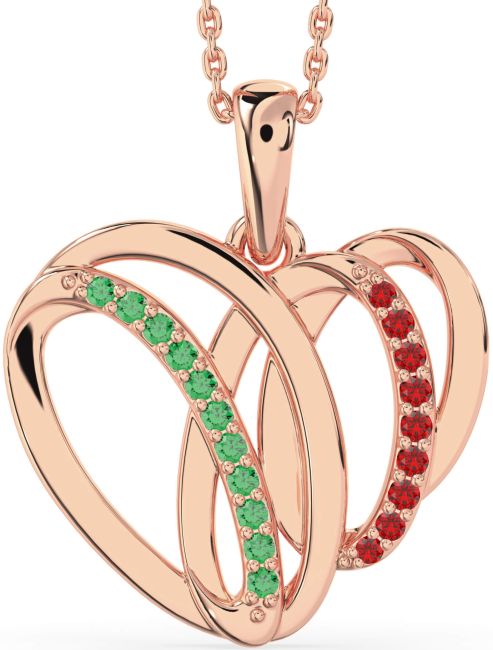 Large Emerald & Ruby Rose Gold Heart Necklace