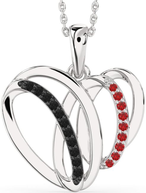 Large Black Diamond & Ruby Silver Heart Necklace
