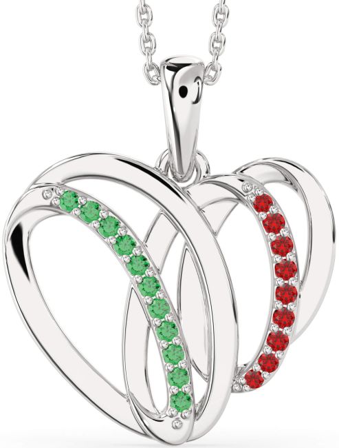 Large Emerald & Ruby Silver Heart Necklace