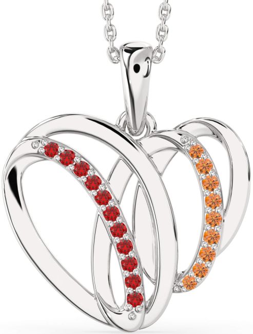 Large Ruby & Citrine Silver Heart Necklace