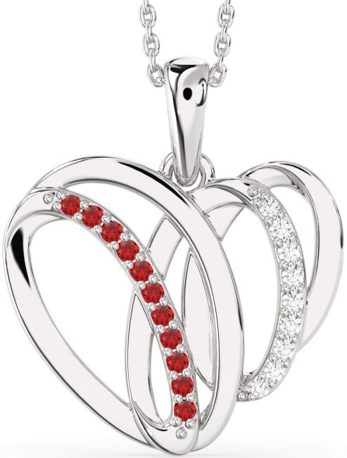 Large Diamond & Ruby Silver Heart Necklace