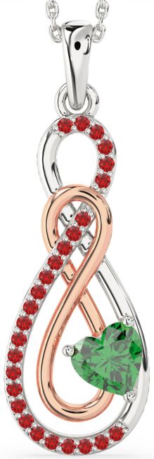 Large Emerald & Ruby Rose Gold Silver Infinity Necklace