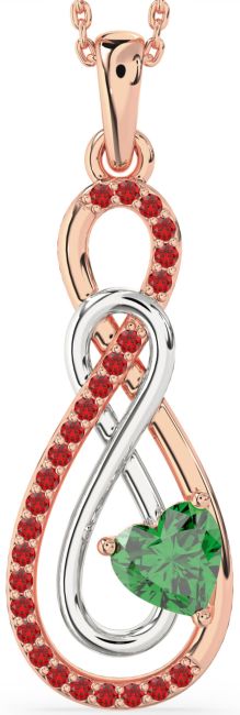 Large Emerald & Ruby Rose Gold Silver Infinity Necklace