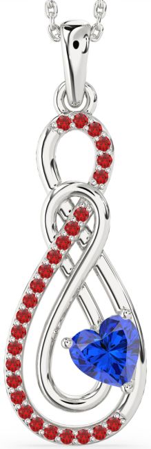 Large Blue Sapphire & Ruby Silver Infinity Necklace
