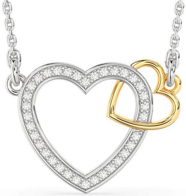 Diamond Silver & 10K gold Heart Interlock Necklace
