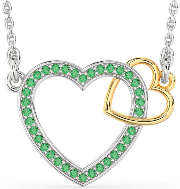 Emerald Gold Silver Heart Interlock Necklace