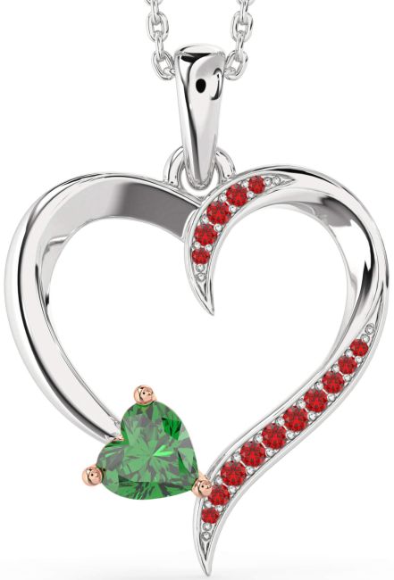 Emerald & Ruby Rose Gold Silver Heart Necklace