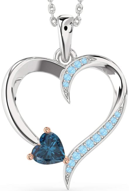 London Blue Topaz & Aquamarine White Rose Gold Heart Necklace