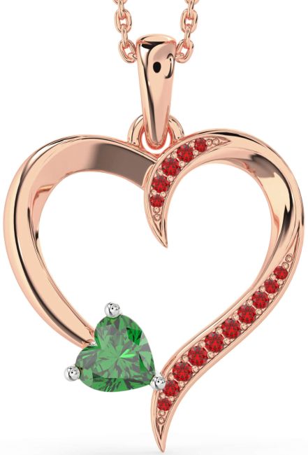 Emerald & Ruby Rose Gold Silver Heart Necklace