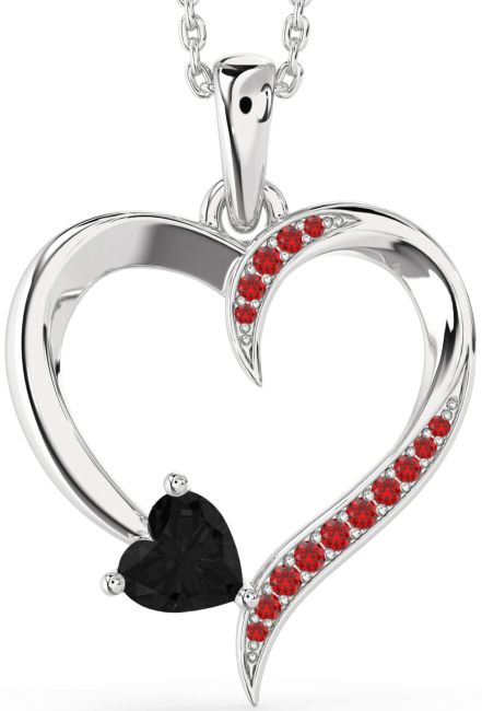 Black Diamond & Ruby Silver Heart Necklace