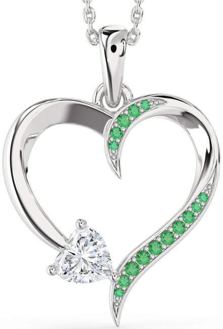 Emerald & Diamond Silver Heart Necklace