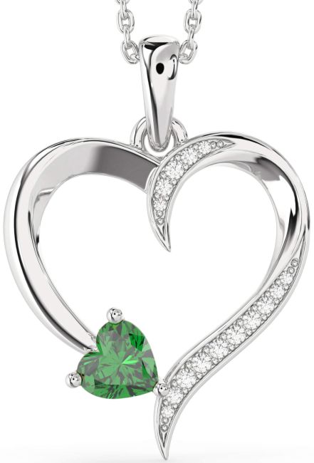 Diamond & Emerald Silver Heart Necklace