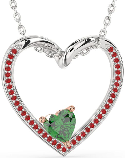 Emerald & Ruby White Rose Gold Heart Necklace