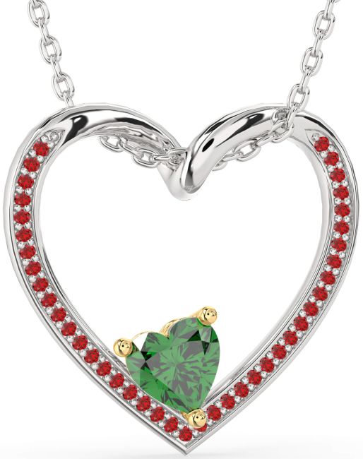 Emerald & Ruby Gold Silver Heart Necklace