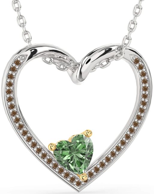 Green & Chocolate Brown Diamond Silver & 10K gold Heart Necklace