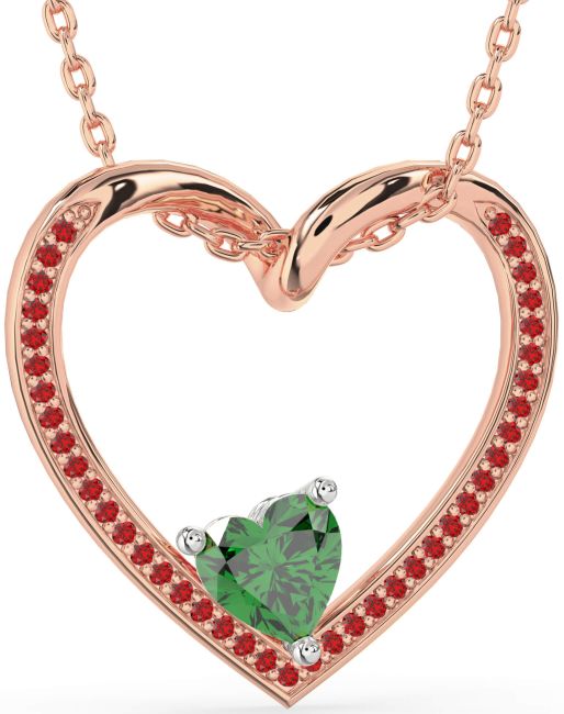 Emerald & Ruby Rose Gold Silver Heart Necklace