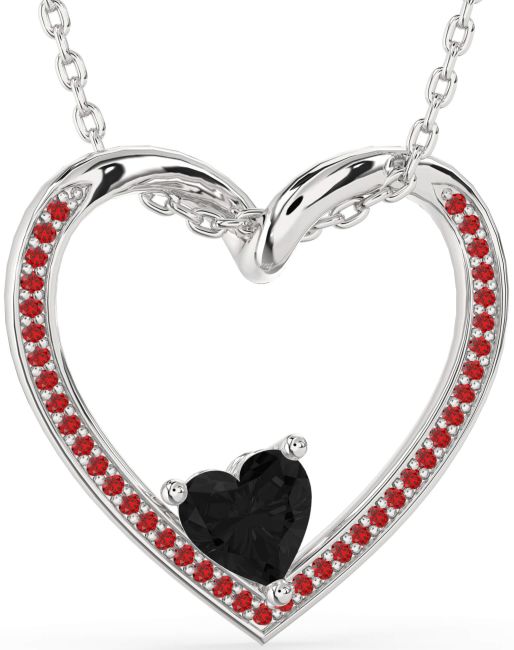 Black Diamond & Ruby Silver Heart Necklace