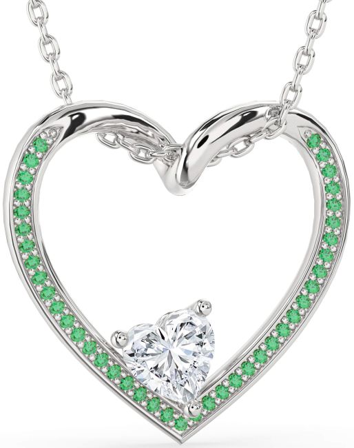 Emerald & Diamond Silver Heart Necklace