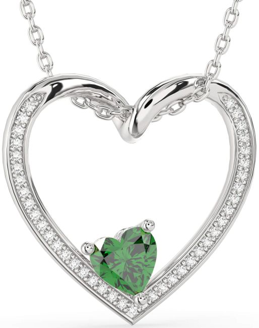 Diamond & Emerald Silver Heart Necklace