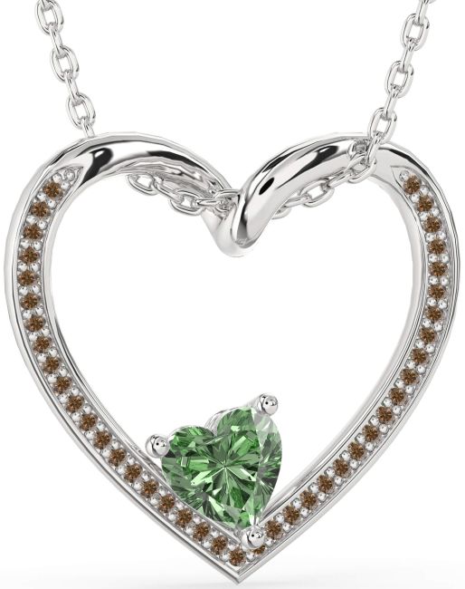 Green & Chocolate Brown Diamond Silver Heart Necklace
