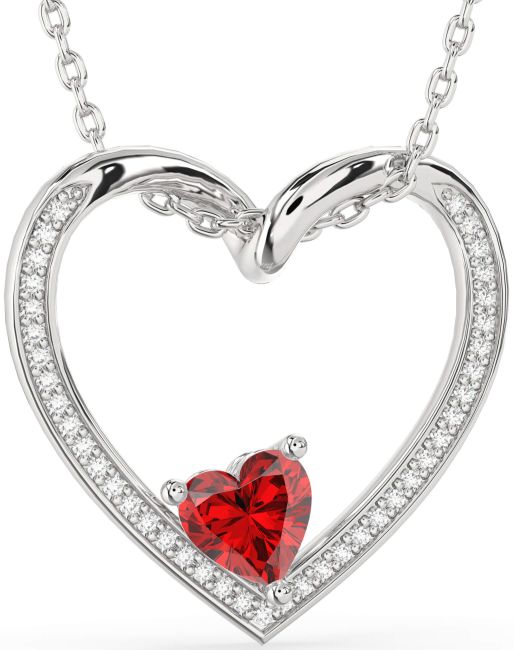 Diamond & Ruby Silver Heart Necklace