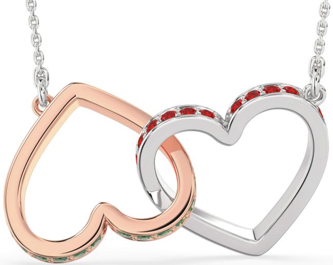 Large Emerald & Ruby Rose Gold Silver Heart Interlock Necklace