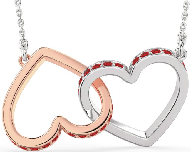 Large Ruby Platinum & Rose Gold Heart Interlock Necklace