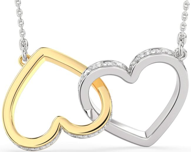 Large Diamond Gold Silver Heart Interlock Necklace