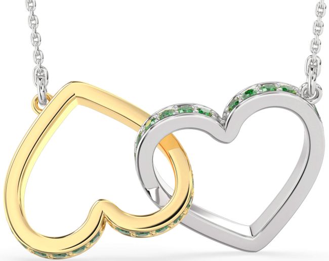 Large Emerald Gold Silver Heart Interlock Necklace