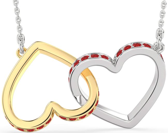 Large Ruby Gold Silver Heart Interlock Necklace