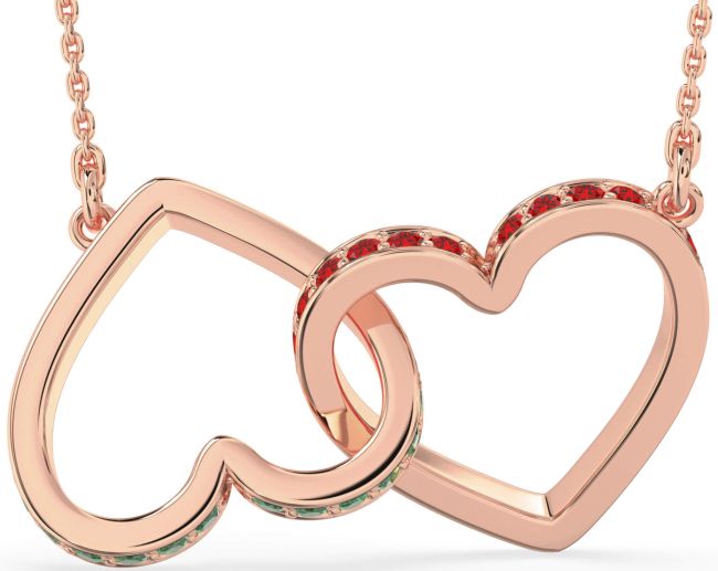 Large Emerald & Ruby Rose Gold Heart Interlock Necklace