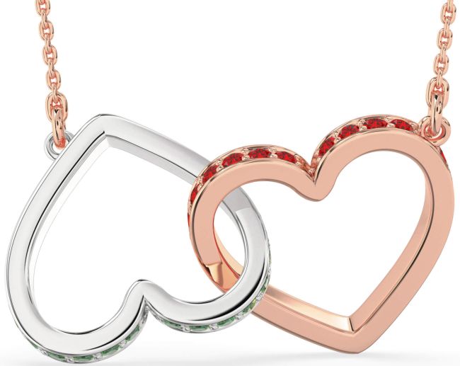 Large Emerald & Ruby Rose Gold Silver Heart Interlock Necklace