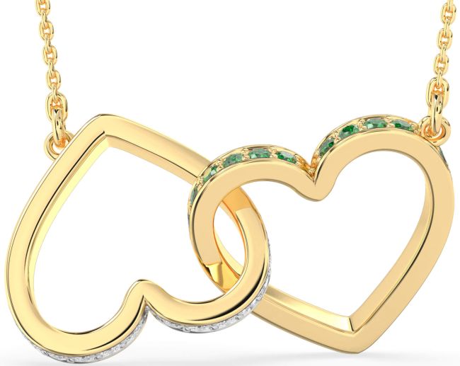 Large Emerald & Diamond Gold Heart Interlock Necklace