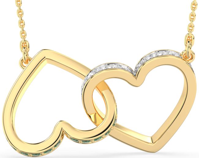 Large Diamond & Emerald Gold Heart Interlock Necklace