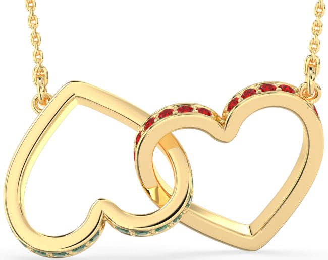 Large Emerald & Ruby Gold Heart Interlock Necklace