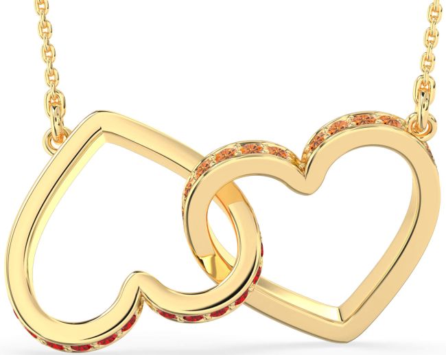 Large Ruby & Citrine Gold Heart Interlock Necklace