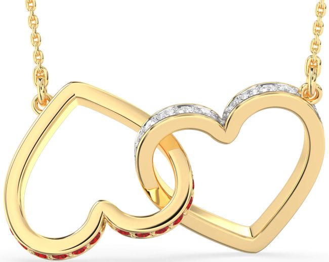 Large Diamond & Ruby Gold Heart Interlock Necklace