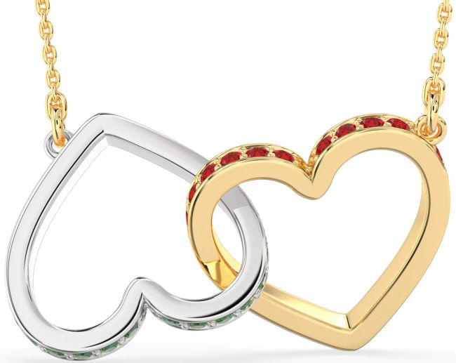 Large Emerald & Ruby Gold Silver Heart Interlock Necklace