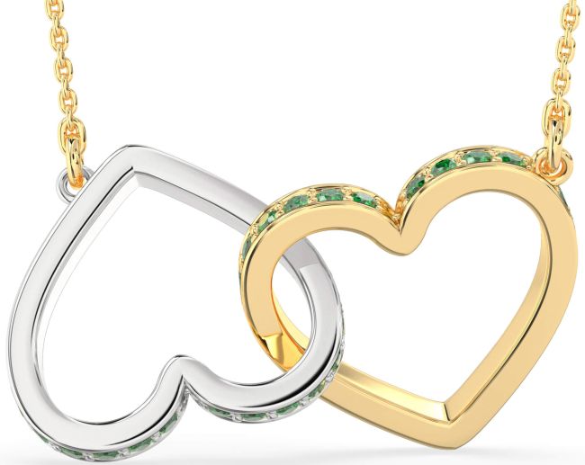 Large Emerald Gold Silver Heart Interlock Necklace