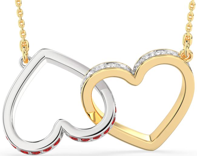 Large Diamond & Ruby Gold Silver Heart Interlock Necklace