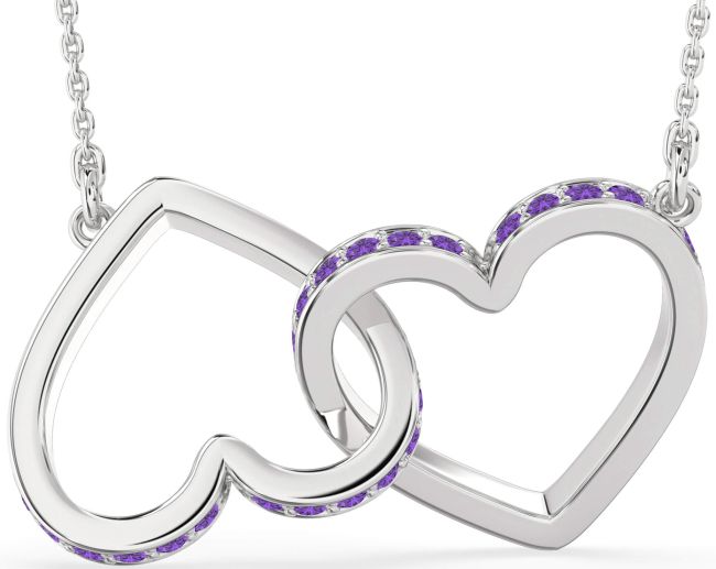 Large Amethyst Silver Heart Interlock Necklace