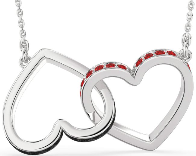 Large Black Diamond & Ruby Silver Heart Interlock Necklace