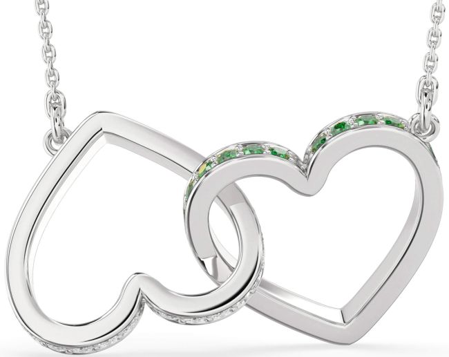 Large Emerald & Diamond Silver Heart Interlock Necklace