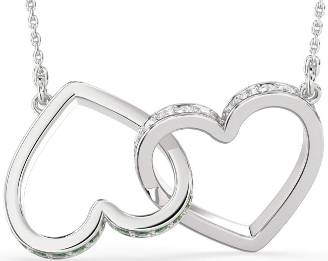 Large Diamond & Emerald Silver Heart Interlock Necklace