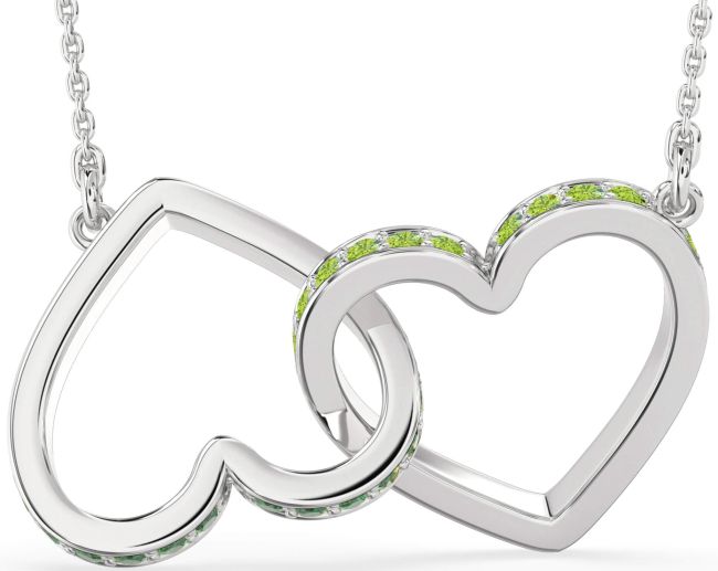 Large Emerald & Peridot Silver Heart Interlock Necklace
