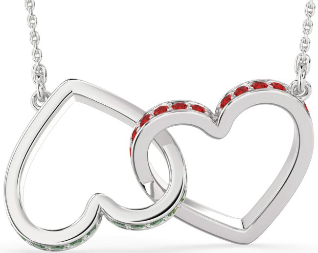 Large Emerald & Ruby Silver Heart Interlock Necklace