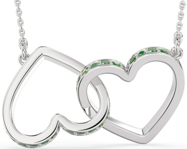Large Emerald Silver Heart Interlock Necklace