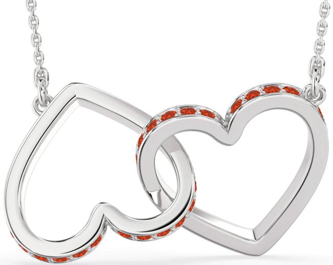 Large Fire Opal Silver Heart Interlock Necklace