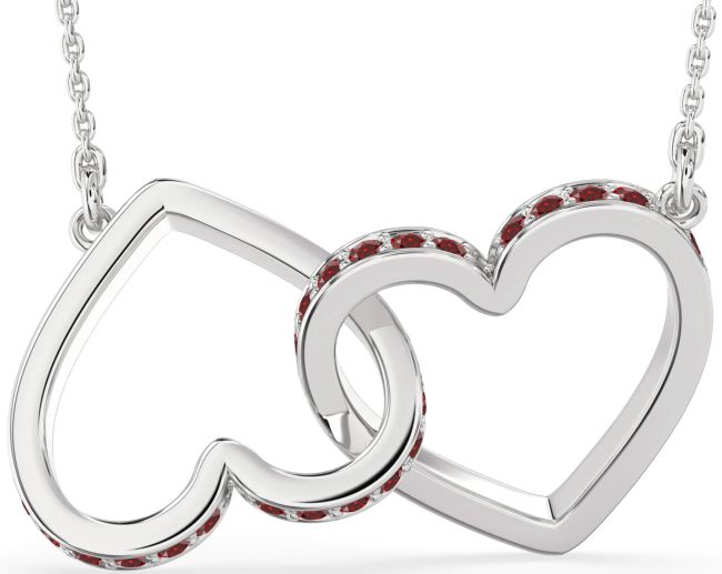 Large Garnet Silver Heart Interlock Necklace